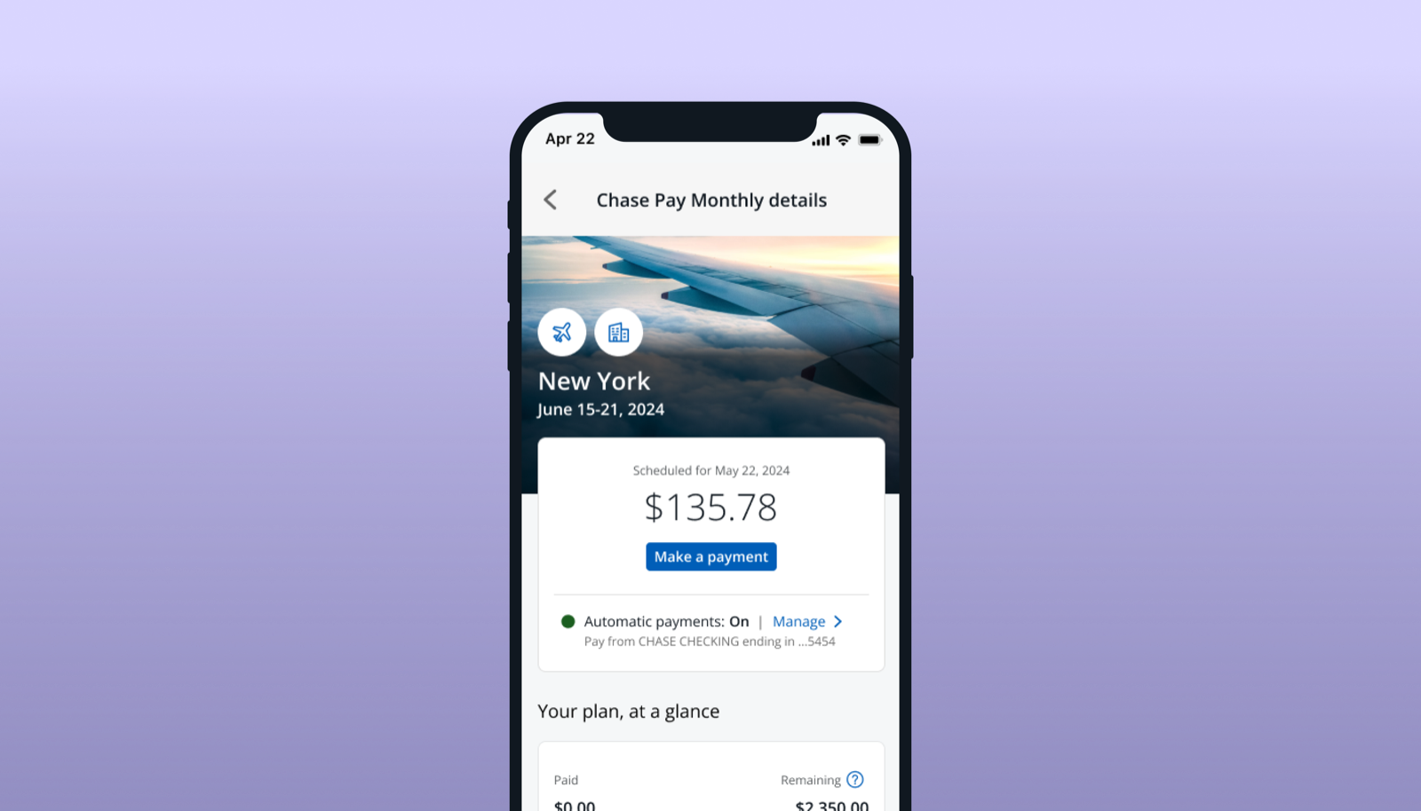 Chase Pay Monthly details phone mockup on a purple background
